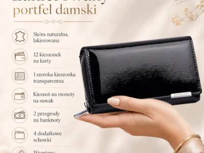 Duży portfel damski czarny lakierowany gładka tafla metaliczny Jennifer Jones - obrazek 9