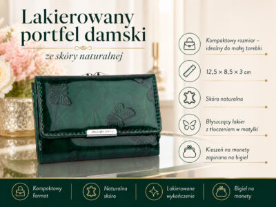 Lakierowany, średni portfel damski zielony w motylki, zapinany na bigiel - obrazek 6