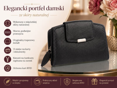 Średni skórzany portfel damski RFID czarny Money Maker - obrazek 9
