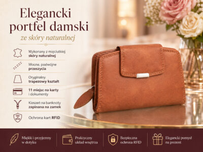 Średni skórzany portfel damski RFID jasny brąz Money Maker - obrazek 8