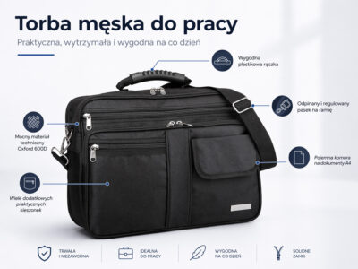 Męska torba na ramię do pracy A4 czarna SERGEJ METRO - obrazek 12