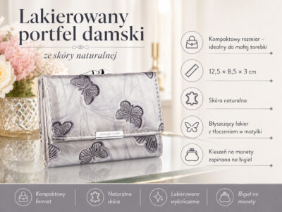 Lakierowany, średni portfel damski srebrny w motylki, zapinany na bigiel - obrazek 7