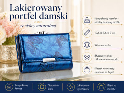 Lakierowany, średni portfel damski niebieski w motylki, zapinany na bigiel - obrazek 6