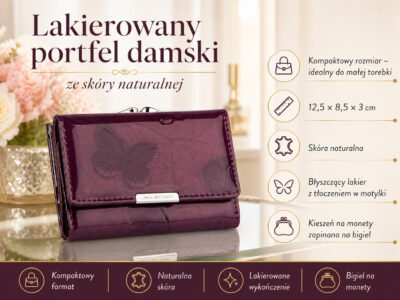 Lakierowany, średni portfel damski fioletowy w motylki, zapinany na bigiel - obrazek 7