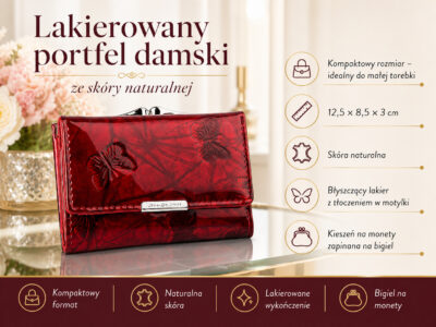 Lakierowany, średni portfel damski czerwony w motylki, zapinany na bigiel - obrazek 8