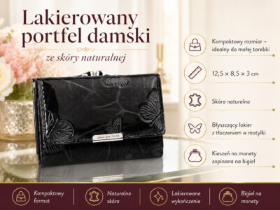 Lakierowany, średni portfel damski czarny w motylki, zapinany na bigiel - obrazek 8