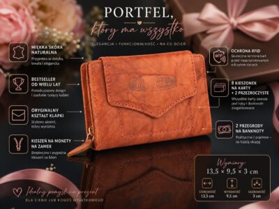 Portfel damski Money Maker z miękkiej skóry naturalnej RFID Koniakowy Brąz - obrazek 7