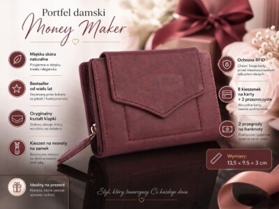 Średni skórzany portfel damski Money Maker w kolorze burgundowym - obrazek 9