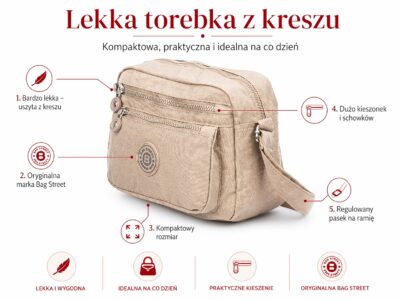Beżowa nieduża torebka damska turystyczna Bag Street - obrazek 9