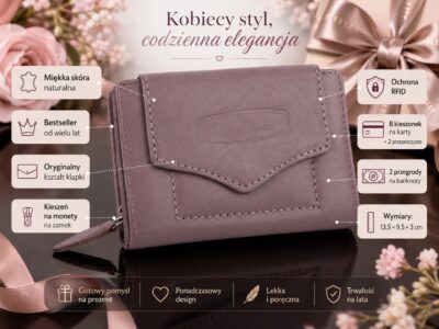Średni skórzany portfel damski Money Maker w kolorze mauve - obrazek 8
