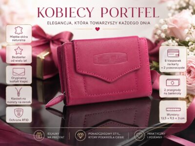 Portfel damski z miękkiej skóry naturalnej różowy Money Maker - obrazek 7