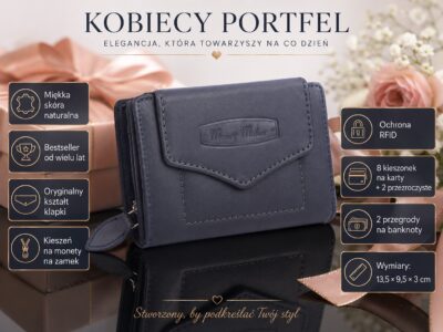 Średni portfel damski z miękkiej skóry naturalnej granatowy Money Maker - obrazek 7