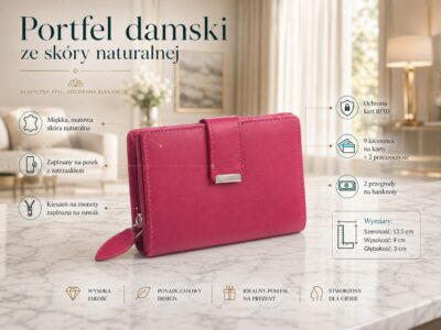 Gładki różowy skórzany portfel damski Money Maker RFID - obrazek 7