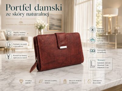 Portfel damski skóra naturalna ciemny brąz Money Maker - obrazek 9