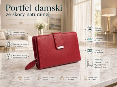 Gładki czerwony skórzany portfel damski Money Maker - obrazek 7