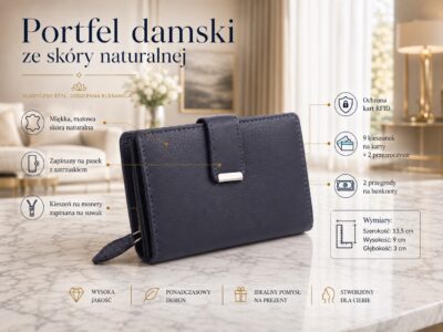 Gładki granatowy skórzany portfel damski Money Maker RFID - obrazek 7