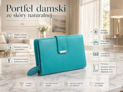 Gładki turkusowy skórzany portfel damski Money Maker RFID - obrazek 7