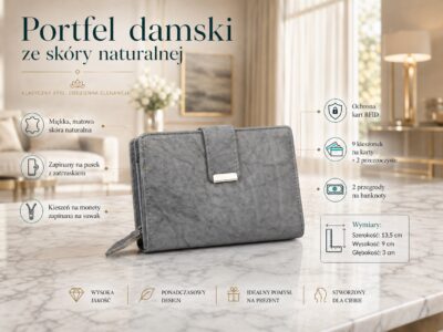 Gładki szary skórzany portfel damski Money Maker RFID - obrazek 10