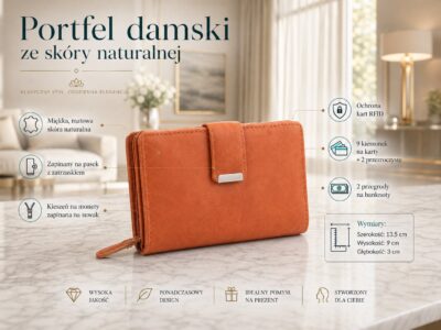 Portfel damski skórzany koniakowy brąz Money Maker - obrazek 6