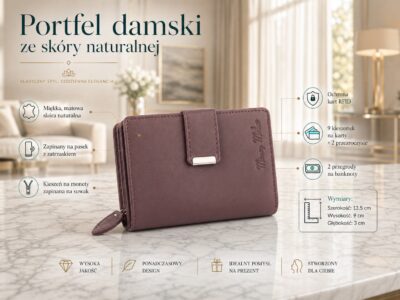Portfel damski skórzany w kolorze mauve RFID średni Money Maker - obrazek 8