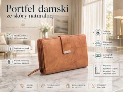 Gładki Jasnobrązowy skórzany portfel damski Money Maker RFID - obrazek 7