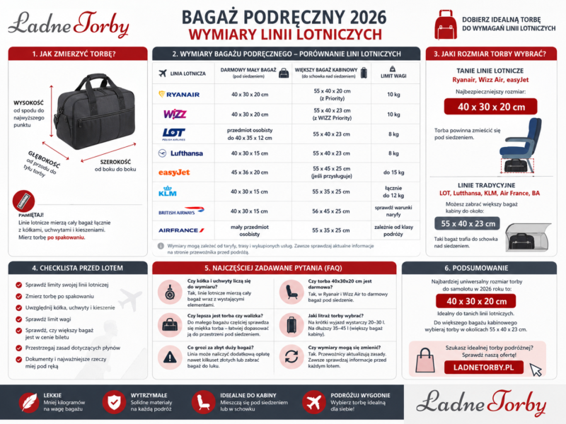 Infografika z informacjami o maksymalanych wymiarach bagażu u przewoźników liniach lotniczych