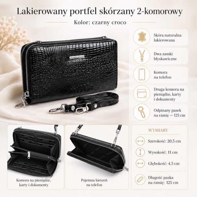 Czarny lakierowany portfel z paskiem na ramię, widok z przodu i wnętrza