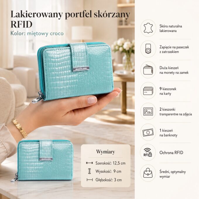 Turkusowy lakierowany portfel damski z przodu i z boku, zamknięty, ze zapięciem na pasek