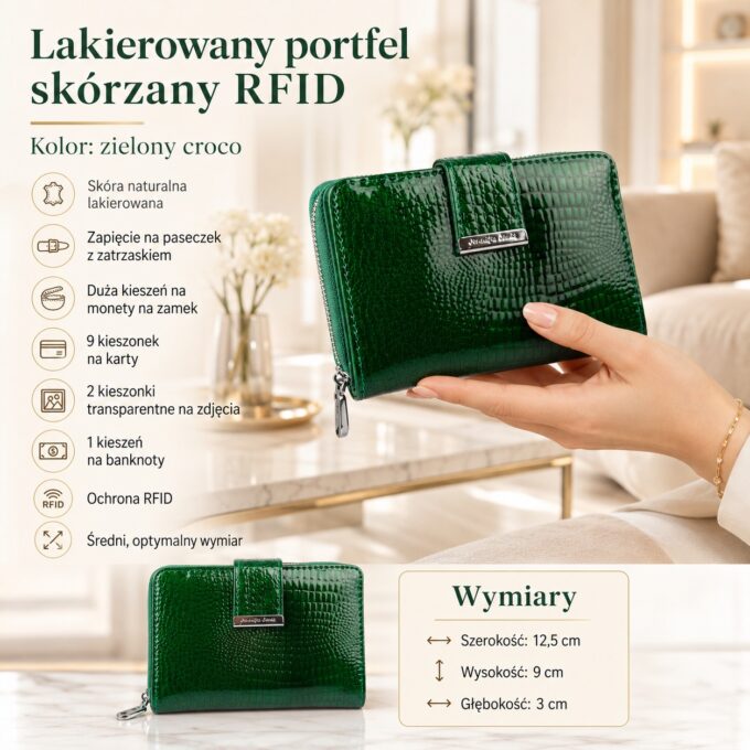 Zielony lakierowany portfel damski z przodu, z zapięciem i detalem na dłoni