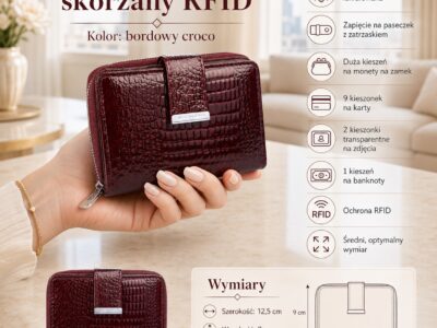 Bordowy lakierowany portfel damski z przodu, zamknięty, w dłoni, z paskiem i detalem RFID