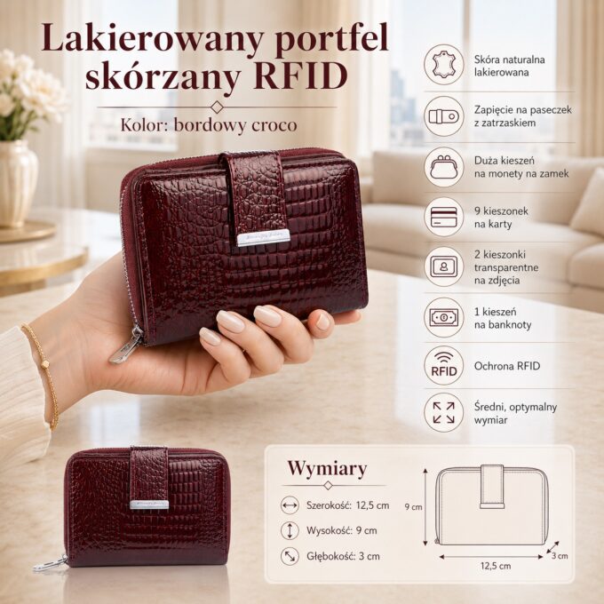 Bordowy lakierowany portfel damski z przodu, zamknięty, w dłoni, z paskiem i detalem RFID