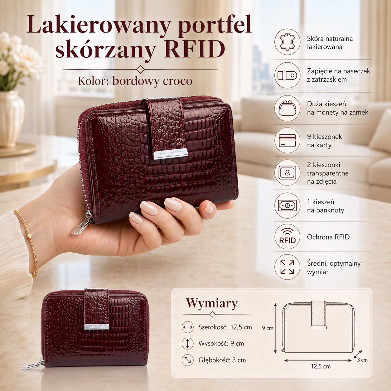 Bordowy lakierowany portfel damski z przodu, zamknięty, w dłoni, z paskiem i detalem RFID