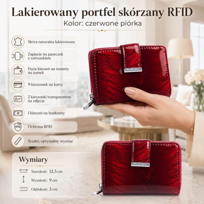 Krwisto czerwony lakierowany portfel damski Jennifer Jones, zamknięty, przód i detal