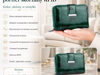 Zielony lakierowany portfel damski z motylkami, widok z przodu, zamknięty