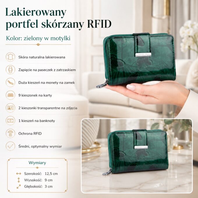 Zielony lakierowany portfel damski z motylkami, widok z przodu, zamknięty