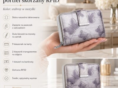 Srebrny lakierowany portfel damski z motylkami, na dłoni, przód