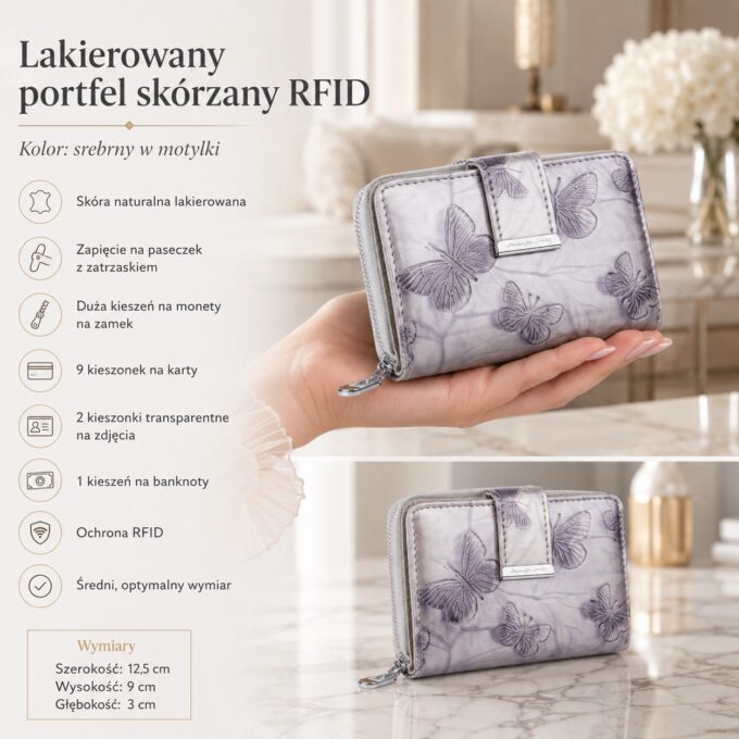 Srebrny lakierowany portfel damski z motylkami, na dłoni, przód