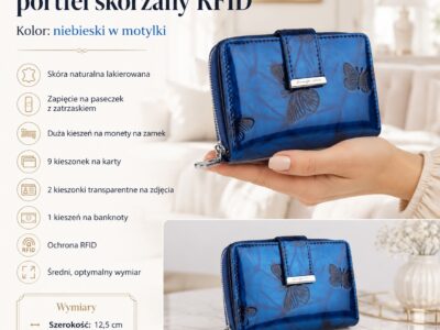 Niebieski lakierowany portfel damski z motylkami, z przodu, zamknięty, RFID