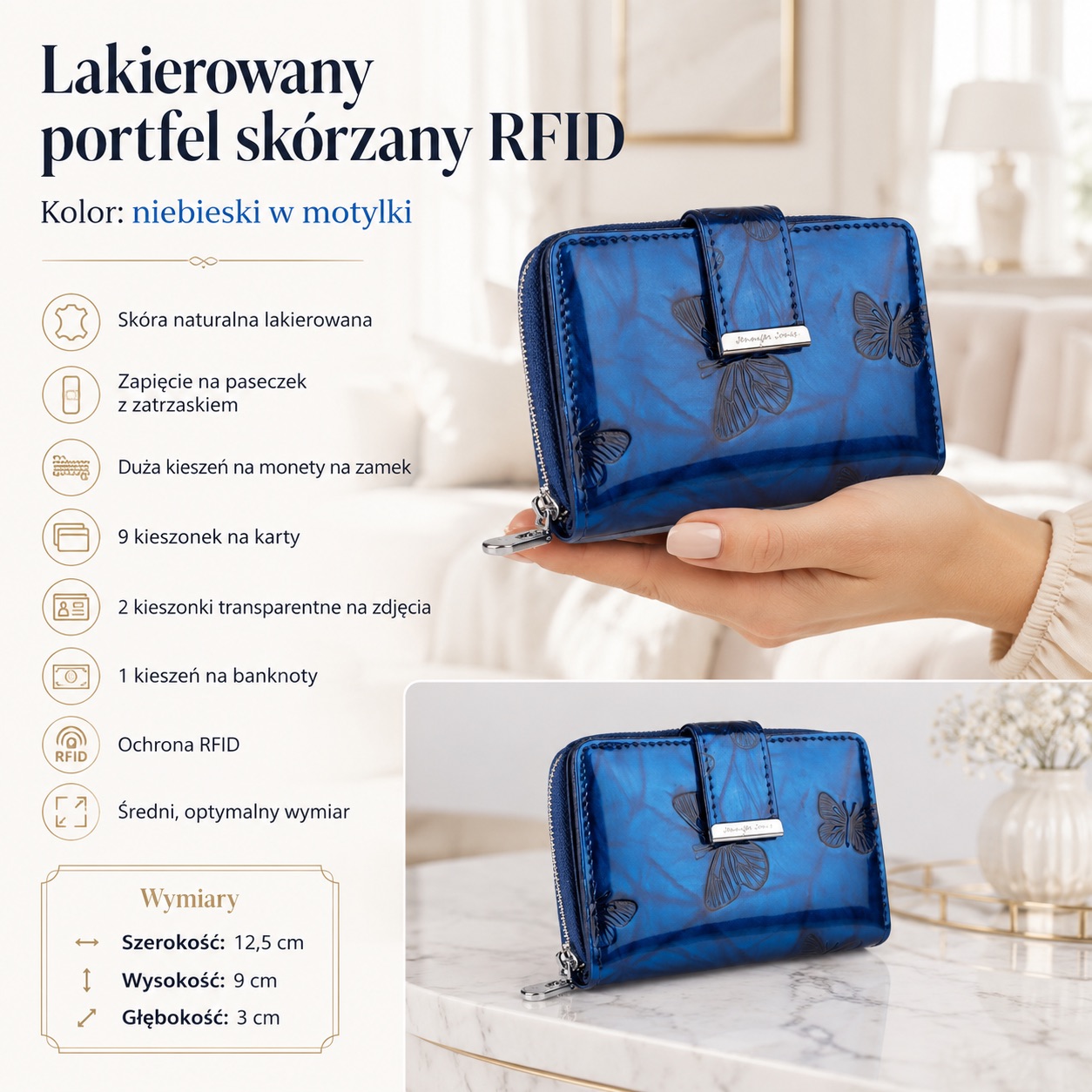 Niebieski lakierowany portfel damski z motylkami, z przodu, zamknięty, RFID