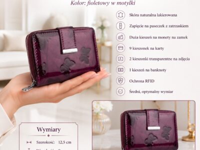 Fioletowy lakierowany portfel damski z motylkami, ujęcie z przodu i boku