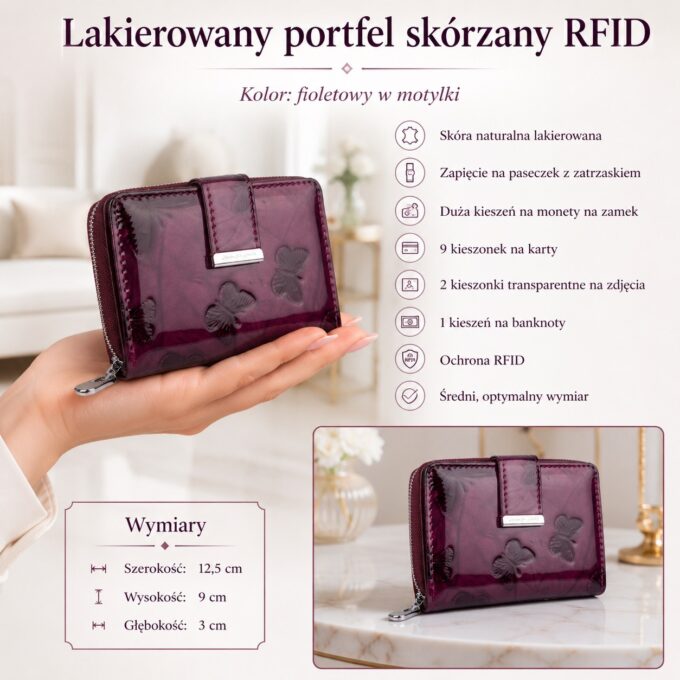 Fioletowy lakierowany portfel damski z motylkami, ujęcie z przodu i boku