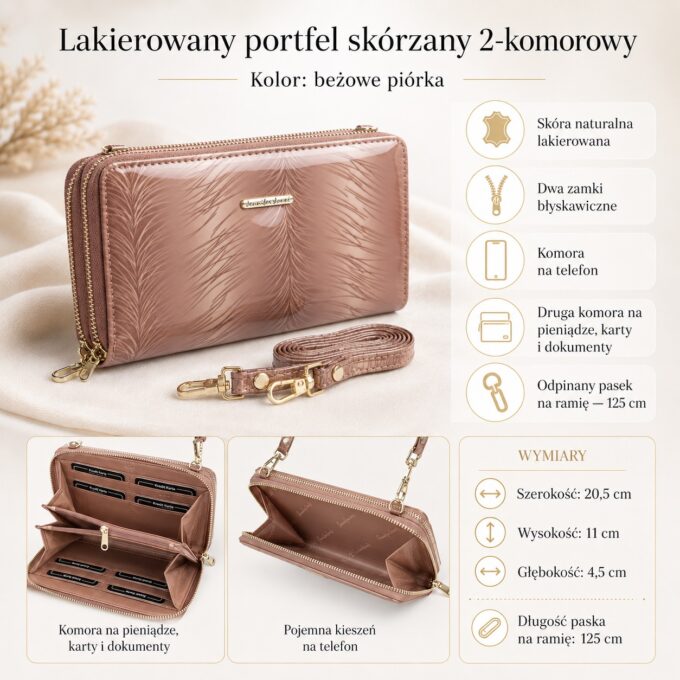Beżowy lakierowany portfel z piórkami, przód ze zbliżeniem i paskiem na ramię