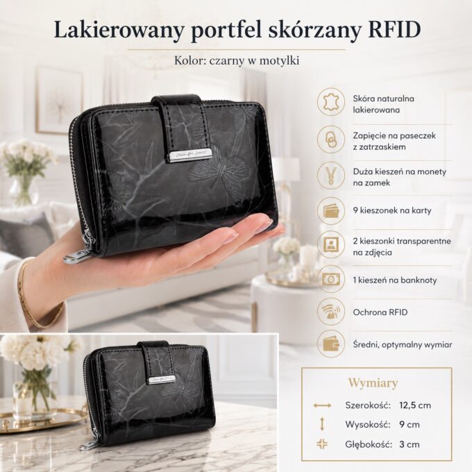 Zamknięty czarny lakierowany portfel damski z motylkami, widok z przodu i bokiem
