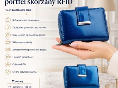 Niebieski lakierowany portfel damski z klapką, widok z przodu na dłoni