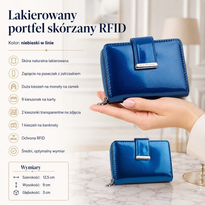 Niebieski lakierowany portfel damski z klapką, widok z przodu na dłoni