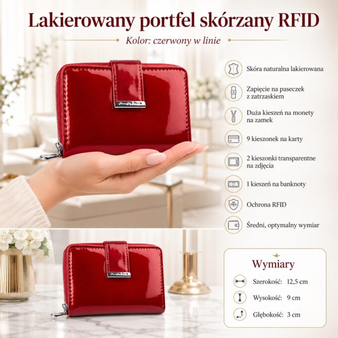Czerwony lakierowany portfel damski z przodu, zamknięty, z paskiem i zatrzaskiem