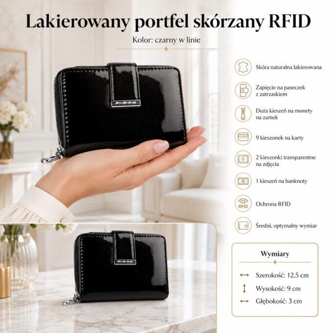 Czarny lakierowany portfel damski Jennifer Jones, ujęcie z przodu, zamknięty