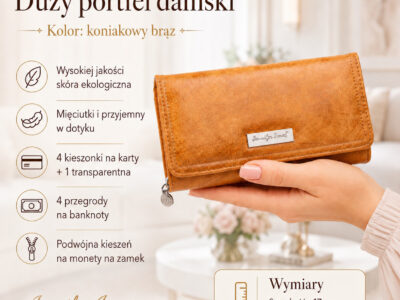 Zamknięty koniakowy portfel damski z miękkiej skóry ekologicznej, ujęcie z przodu