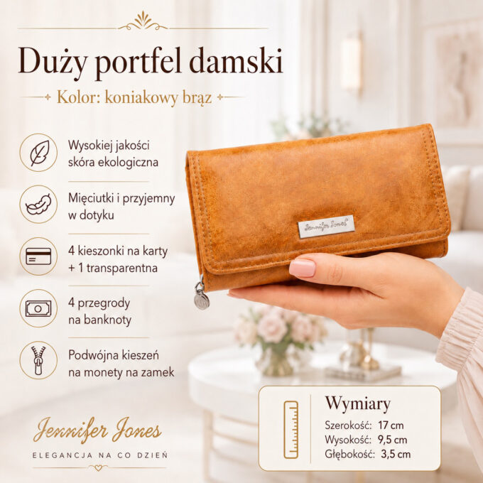 Zamknięty koniakowy portfel damski z miękkiej skóry ekologicznej, ujęcie z przodu