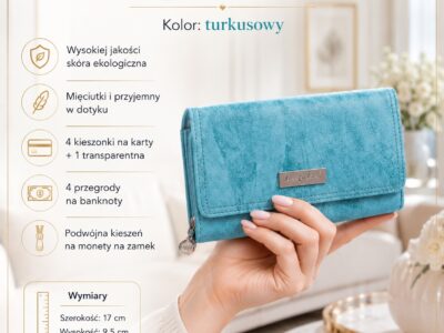 Turkusowy portfel damski z eko-skóry, zamknięty, z przodu, w dłoni, z klapką i detalem logo
